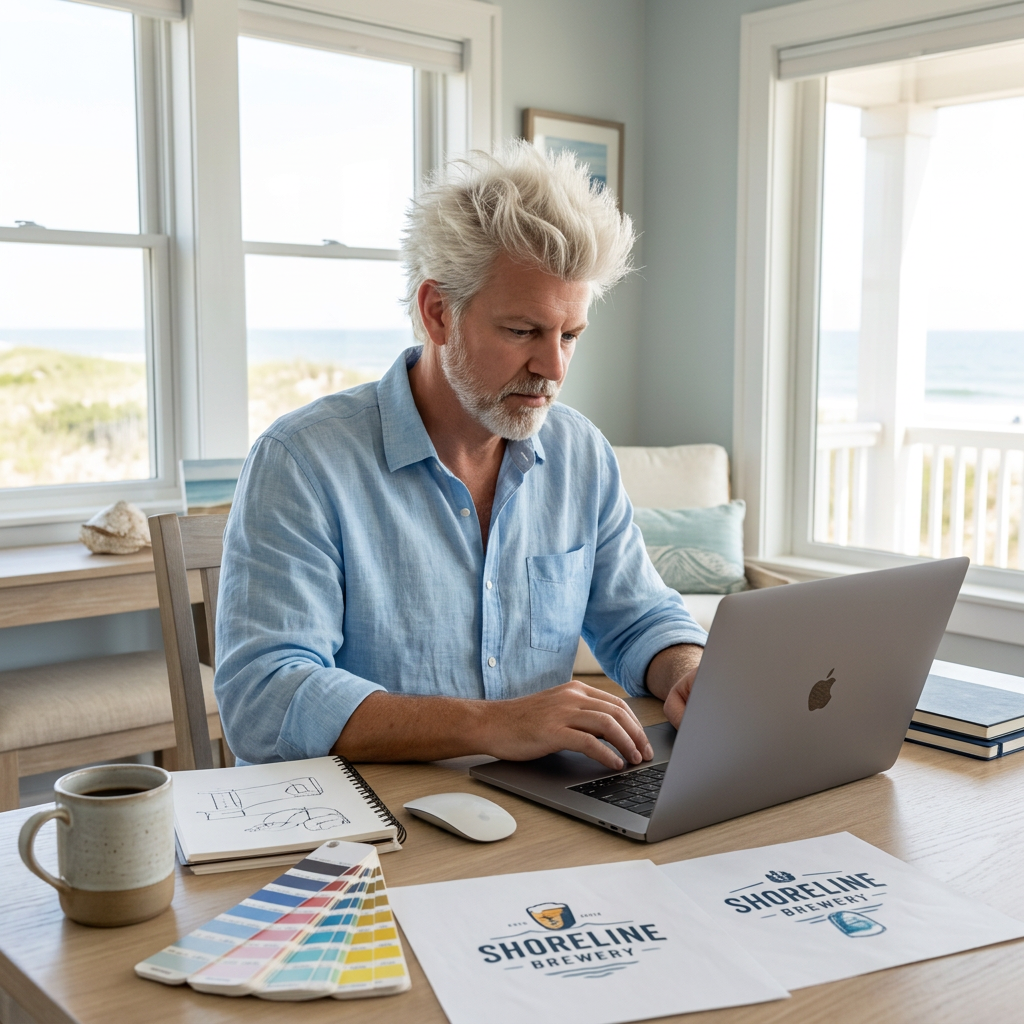 Graphic designer working in a modern home office near Loch Arbour, NJ.