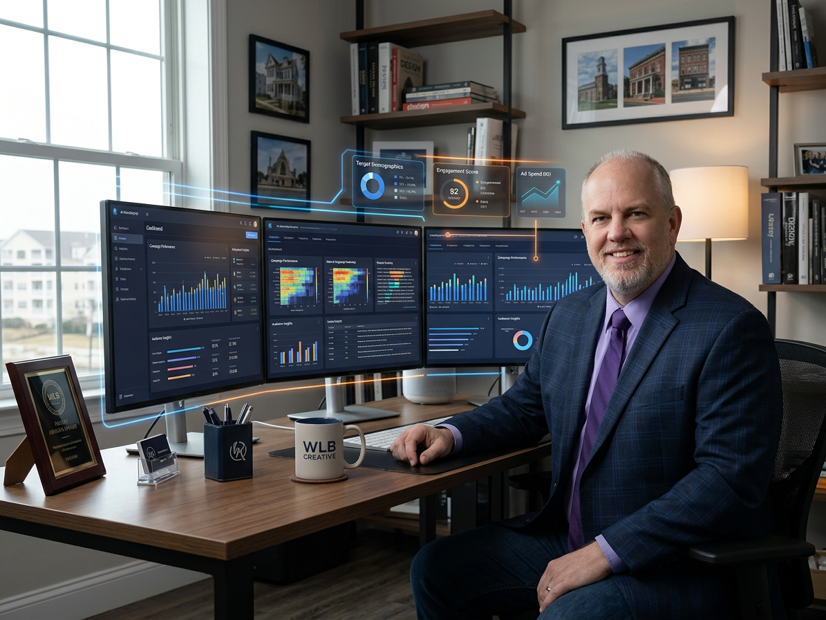 Creative director workspace with AI marketing dashboards representing Robert Hazelrigg’s leadership in AI‑driven branding.