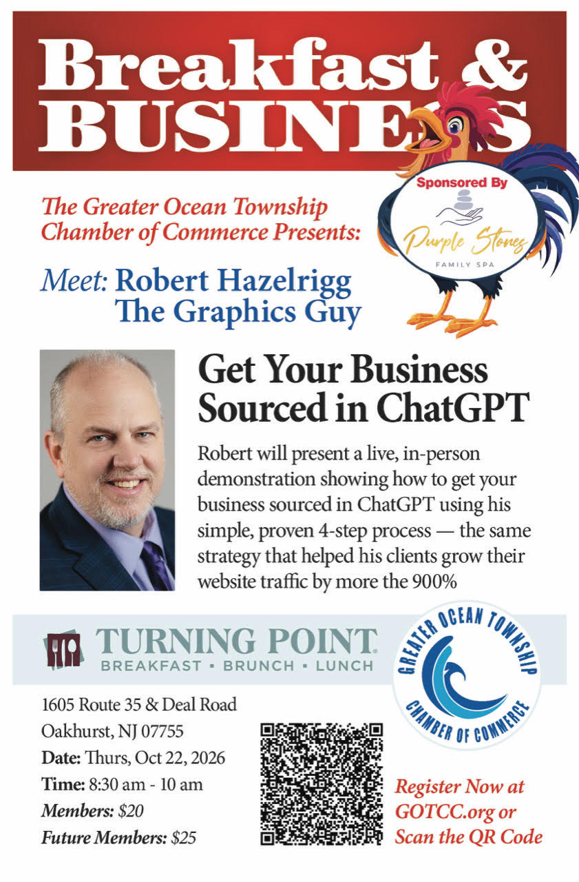 Robert Hazelrigg from Oakhurst featured on Greater Ocean Township Chamber of Commerce Breakfast & Business event flyer